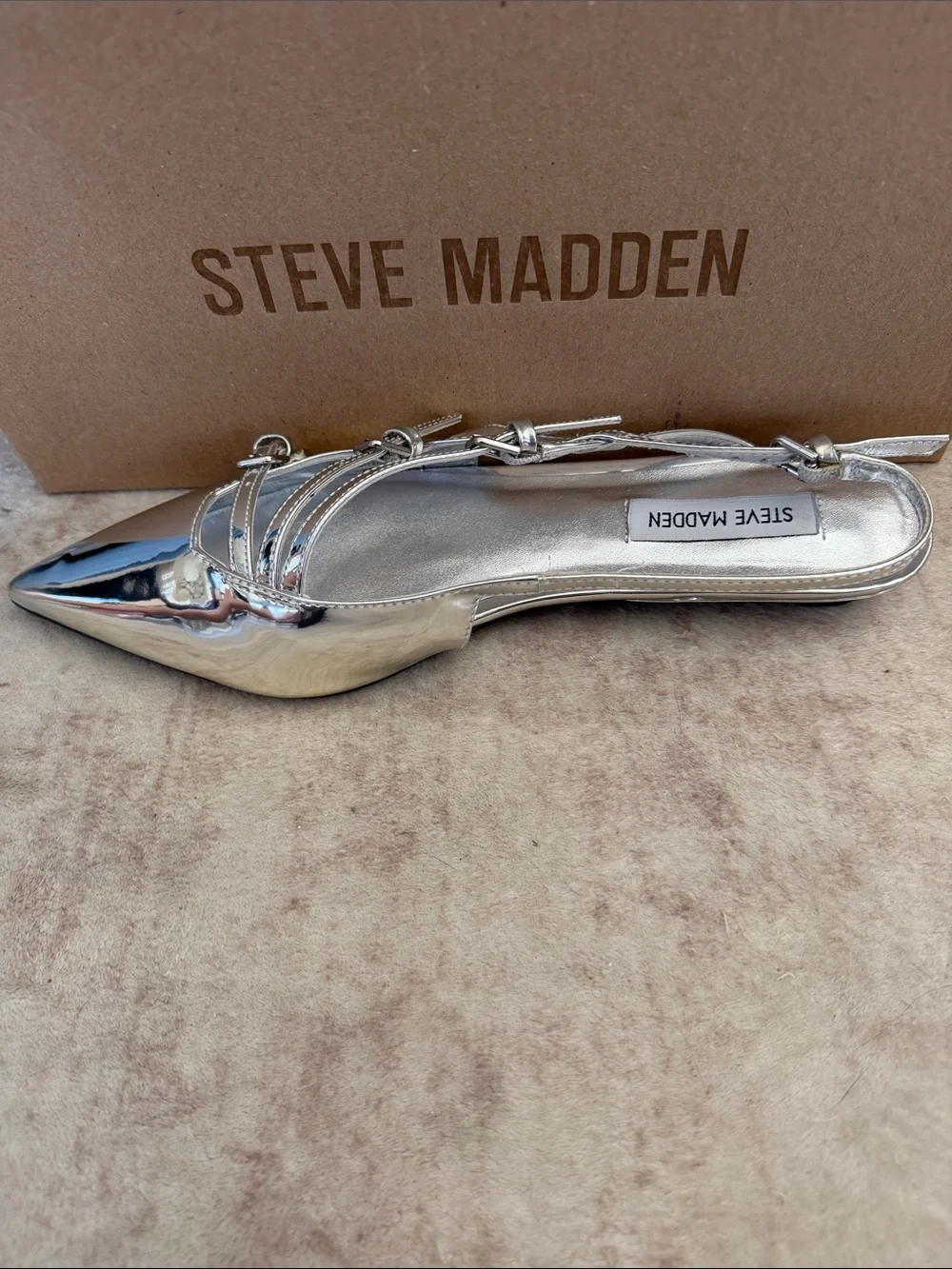 Steve Madden Peony Metallic Silver Pointed Slingback Flats with Strappy Buckle